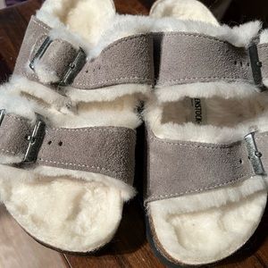 Grey furry Birkenstock Sandals